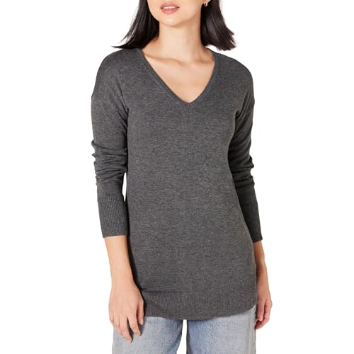 Amazon Essentials Damen Leichter Tunika-Pullover Mit Langen Ärmeln Und V-Ausschnitt (Erhältlich In Übergröße), Dunkelgrau Meliert, S von Amazon Essentials