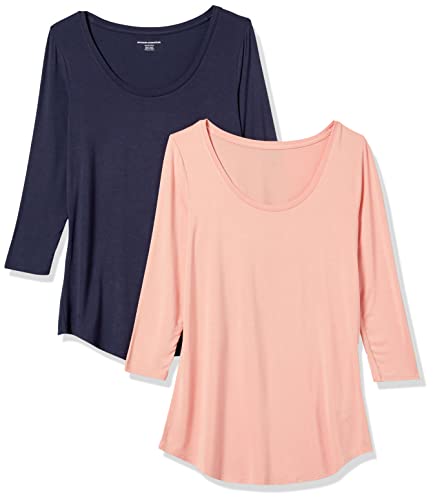 Amazon Essentials Damen Tunika mit U-Ausschnitt und 3/4-Ärmeln, 2er-Pack, Korallenrosa/Marineblau, L von Amazon Essentials