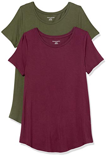 Amazon Essentials Damen Tunika mit U-Ausschnitt und Kurzen Ärmeln, 2er-Pack, Burgunderrot/Dunkles Olivgrün, S von Amazon Essentials