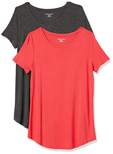 Amazon Essentials Damen Tunika mit U-Ausschnitt und Kurzen Ärmeln, 2er-Pack, Dunkelgrau Meliert/Rot, XL von Amazon Essentials