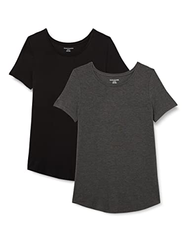 Amazon Essentials Damen Tunika mit U-Ausschnitt und Kurzen Ärmeln, 2er-Pack, Dunkelgrau Meliert/Schwarz, XL von Amazon Essentials