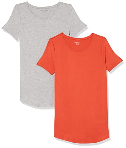Amazon Essentials Damen Tunika mit U-Ausschnitt und Kurzen Ärmeln, 2er-Pack, Hellgrau Meliert/Tomatenrot, XXL von Amazon Essentials
