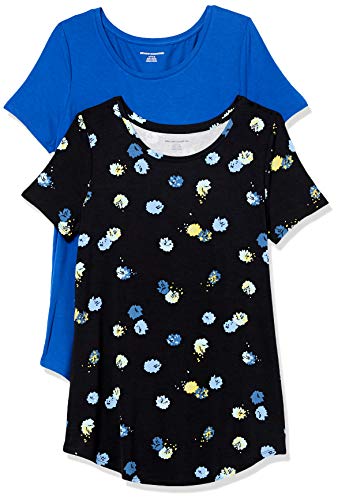 Amazon Essentials Damen Tunika mit U-Ausschnitt und Kurzen Ärmeln, 2er-Pack, Kräftiges Blau/Schwarz Floral, L von Amazon Essentials