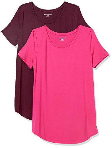 Amazon Essentials Damen Tunika mit U-Ausschnitt und Kurzen Ärmeln, 2er-Pack, Kräftiges Rosa/Burgunderrot, M von Amazon Essentials