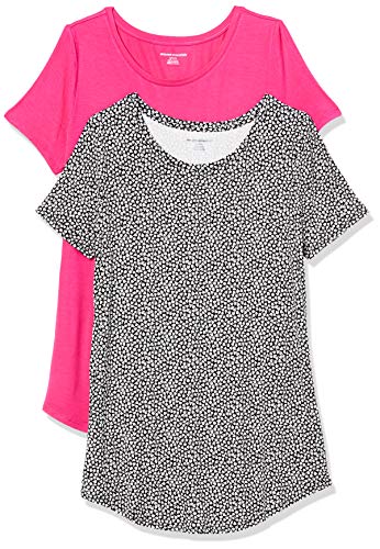 Amazon Essentials Damen Tunika mit U-Ausschnitt und Kurzen Ärmeln, 2er-Pack, Kräftiges Rosa/Schwarz Tulpen, XXL von Amazon Essentials