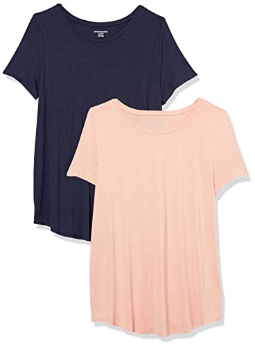 Amazon Essentials Damen Tunika mit U-Ausschnitt und Kurzen Ärmeln, 2er-Pack, Marineblau/Korallenrosa, M von Amazon Essentials