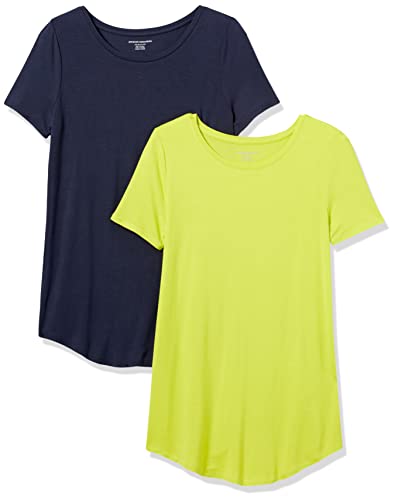 Amazon Essentials Damen Tunika mit U-Ausschnitt und Kurzen Ärmeln, 2er-Pack, Marineblau/Lindgrün, L von Amazon Essentials