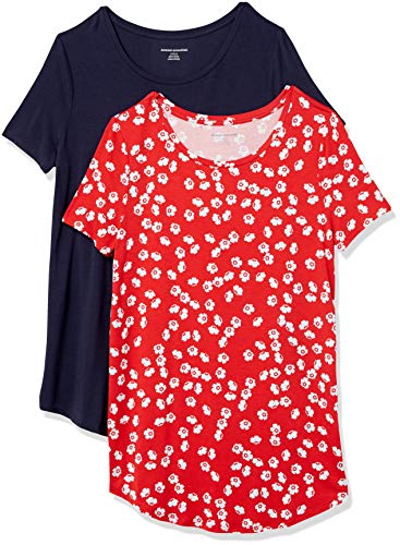 Amazon Essentials Damen Tunika mit U-Ausschnitt und Kurzen Ärmeln, 2er-Pack, Marineblau/Rot Blumen, XS von Amazon Essentials