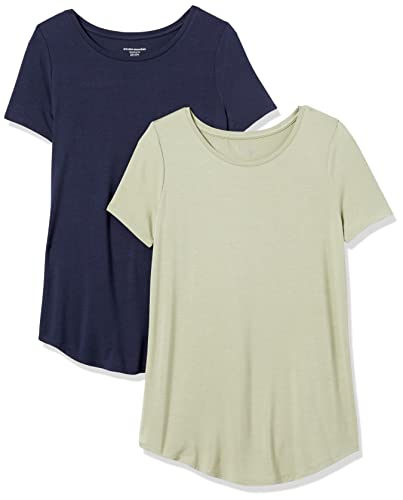 Amazon Essentials Damen Tunika mit U-Ausschnitt und Kurzen Ärmeln, 2er-Pack, Marineblau/Salbeigrün, L von Amazon Essentials