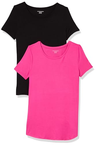 Amazon Essentials Damen Tunika mit U-Ausschnitt und Kurzen Ärmeln, 2er-Pack, Schwarz/Dunkelrosa, L von Amazon Essentials