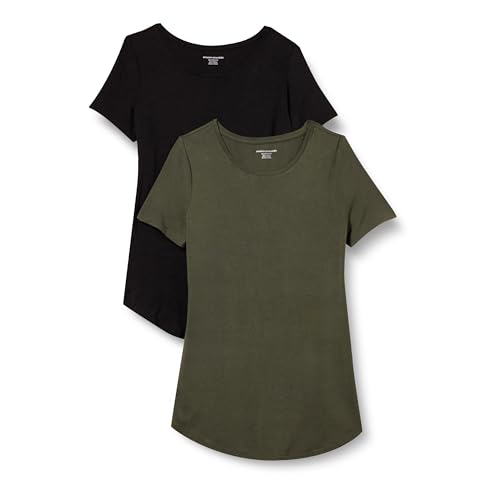 Amazon Essentials Damen Tunika mit U-Ausschnitt und Kurzen Ärmeln, 2er-Pack, Schwarz/Olivgrün, S von Amazon Essentials