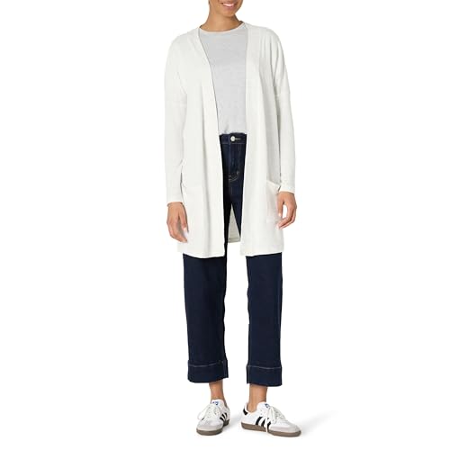 Amazon Essentials Damen Ultraleichter Relaxed Fit-Cardigan mit offener Vorderseite, Weiß Space-dye, L von Amazon Essentials