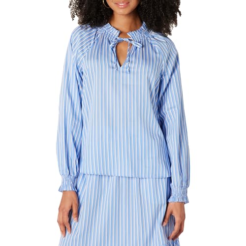 Amazon Essentials Damen Weit Geschnittene Langarmbluse mit Rüschenausschnitt aus Baumwoll-Satin (Rock Separat Erhältlich), Blau Weiß Streifen, L von Amazon Essentials