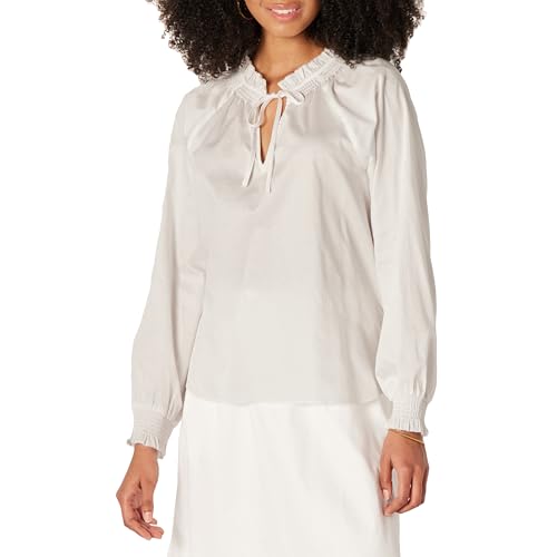 Amazon Essentials Damen Weit Geschnittene Langarmbluse mit Rüschenausschnitt aus Baumwoll-Satin (Rock Separat Erhältlich), Weiß, XS von Amazon Essentials