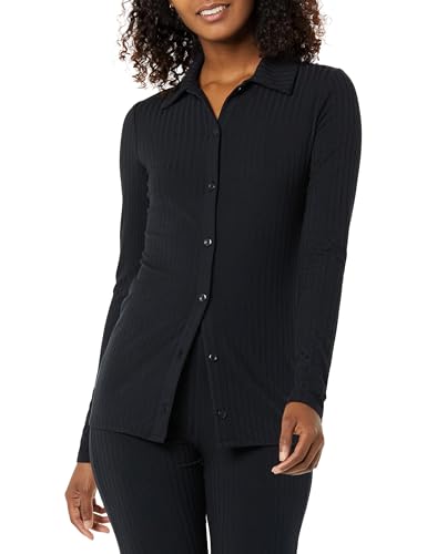 Amazon Essentials Damen Weit Gerippter, langärmeliger Cardigan mit Knopfleiste und Kragen (Hose separat erhältlich), Schwarz, XXL von Amazon Essentials