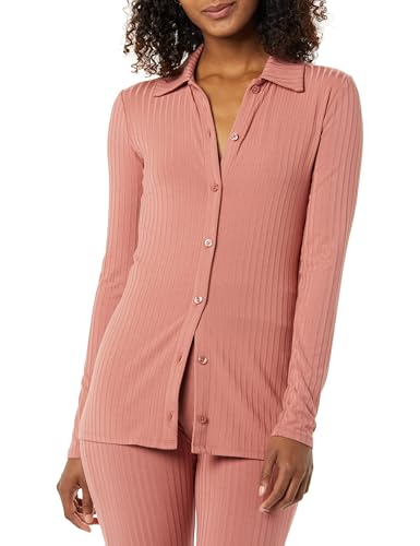 Amazon Essentials Damen Weitgerippter, langärmeliger Cardigan mit Knopf-Kragen (Früher Daily Ritual), Terrakotta, S von Amazon Essentials