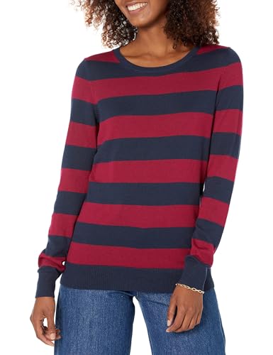 Amazon Essentials Damen Leichter, Langärmeliger Pullover Mit Rundhalsausschnitt (Erhältlich in Übergröße), Burgunderrot Marineblau Rugby-Streifen, M von Amazon Essentials