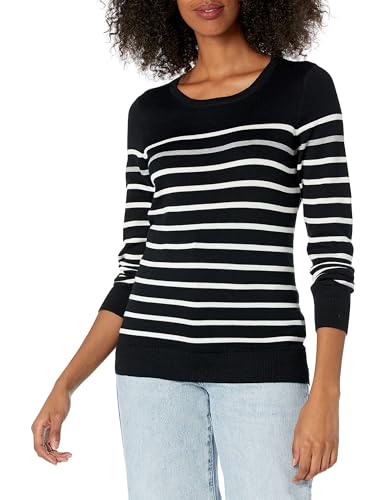 Amazon Essentials Damen Leichter, Langärmeliger Pullover Mit Rundhalsausschnitt (Erhältlich in Übergröße), Schwarz Grau Weiß Streifen, M von Amazon Essentials