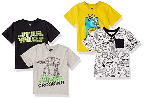 Amazon Essentials Disney | Marvel | Star Wars Jungen Kurzärmelige T-Shirts mit V-Ausschnitt, 4er-Pack, Star Wars Aufdruck/Kritzelmuster, 4 Jahre von Amazon Essentials