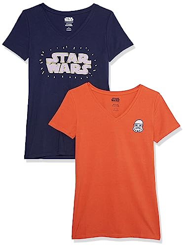 Amazon Essentials Disney | Marvel | Star Wars | Princess Damen Kurzärmeliges T-Shirt mit V-Ausschnitt, Klassischer Schnitt, 2er-Pack, Star Wars Logo, XXL von Amazon Essentials