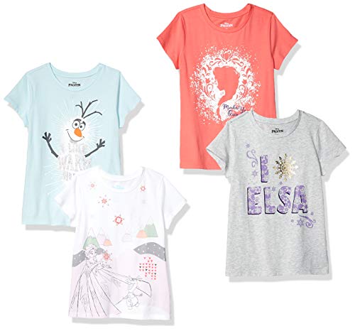 Amazon Essentials Disney | Marvel | Star Wars | Frozen | Princess Mädchen Kurzärmelige T-Shirts, 4er-Pack, Blau/Grau/Weiß/Frozen ELSA & Olaf, 4 Jahre von Amazon Essentials