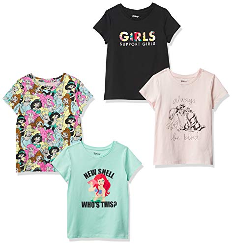 Amazon Essentials Disney | Marvel | Star Wars | Frozen | Princess Mädchen Kurzärmelige T-Shirts, 4er-Pack, Schwarz/Grün/Rosa/Prinzessinnen-Power, 4 Jahre von Amazon Essentials