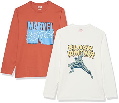 Amazon Essentials Disney | Marvel | Star Wars Herren Langärmelige T-Shirts, 2er-Pack, Marvel Comic Logo/Marvel Black Panther, M von Amazon Essentials