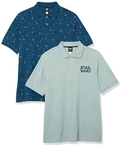 Amazon Essentials Disney | Marvel | Star Wars Herren Piqué-Poloshirt aus Baumwolle, Normale Passform, 2er-Pack, Star-Wars-Logo-Schiffe, L von Amazon Essentials