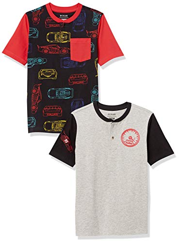 Amazon Essentials Disney | Marvel | Star Wars Jungen Kurzärmelige Henley-T-Shirts (Früher Spotted Zebra), 2er-Pack, Grau Autorennen/Schwarz Autos, 3 Jahre von Amazon Essentials