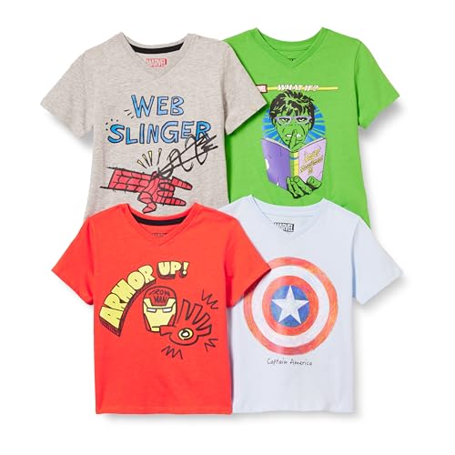 Amazon Essentials Disney | Marvel | Star Wars Jungen Kurzärmelige T-Shirts mit V-Ausschnitt, 4er-Pack, Marvel Iconic Friends, 9 Jahre von Amazon Essentials