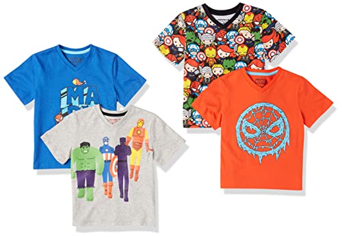 Amazon Essentials Disney | Marvel | Star Wars Jungen Kurzärmelige T-Shirts mit V-Ausschnitt, 4er-Pack, Marvel Icons, 2 Jahre von Amazon Essentials