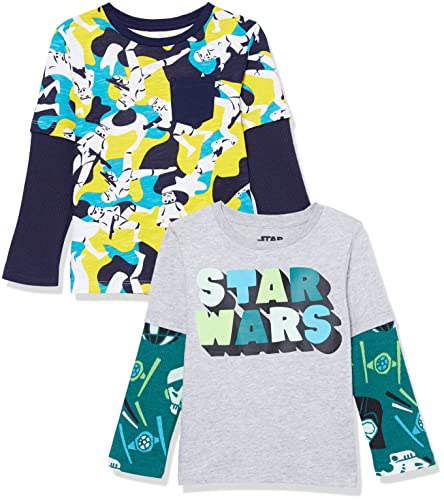 Amazon Essentials Disney | Marvel | Star Wars Jungen Langärmelige 2-In-1-T-Shirts (Früher Spotted Zebra), 2er-Pack, Star Wars Logo/Tarnmuster, 4 Jahre von Amazon Essentials