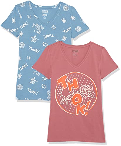 Amazon Essentials Disney | Marvel | Star Wars | Princess Damen Kurzärmeliges T-Shirt mit V-Ausschnitt, Klassischer Schnitt, 2er-Pack, Spider-Man Thok, L von Amazon Essentials