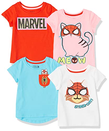 Amazon Essentials Disney | Marvel | Star Wars | Frozen | Princess Mädchen Kurzärmelige T-Shirts, 4er-Pack, Marvel Spider-Cat, 6-7 Jahre von Amazon Essentials