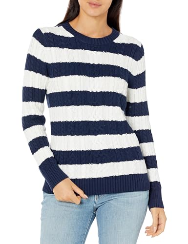 Amazon Essentials Damen Zopfstrick-Pullover Mit Langen Ärmeln Und Rundhalsausschnitt (Erhältlich In Übergröße), Marineblau Weiß Rugby-Streifen, XL von Amazon Essentials