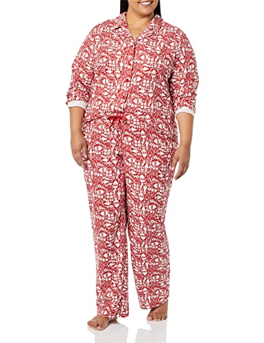 Amazon Essentials Damen Flanell-Schlafanzug mit Shirt mit Langen Ärmeln und Knopfleiste vorne und Hose, Rot Weihnachtsmann, S von Amazon Essentials