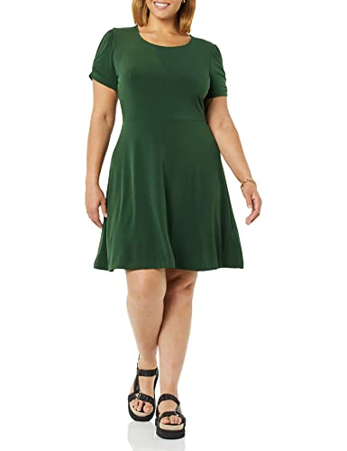 Amazon Essentials Damen Gerafftes A-Linien-Kleid mit kurzen Ärmeln und Rundhalsausschnitt (in Übergröße erhältlich), Dunkelgrün, L von Amazon Essentials