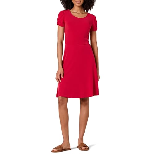 Amazon Essentials Damen Gerafftes A-Linien-Kleid mit kurzen Ärmeln und Rundhalsausschnitt (in Übergröße erhältlich), Himbeerrot, L von Amazon Essentials