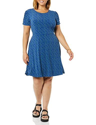 Amazon Essentials Damen Gerafftes A-Linien-Kleid mit kurzen Ärmeln und Rundhalsausschnitt (in Übergröße erhältlich), Kräftiges Blau Floral, S von Amazon Essentials