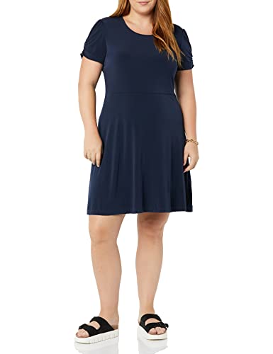 Amazon Essentials Damen Gerafftes A-Linien-Kleid mit kurzen Ärmeln und Rundhalsausschnitt (in Übergröße erhältlich), Marineblau, S von Amazon Essentials
