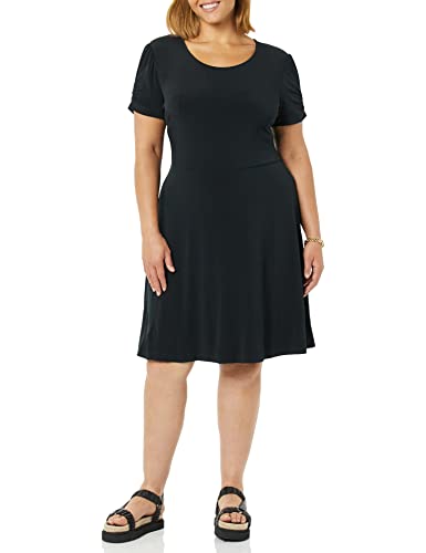 Amazon Essentials Damen Gerafftes A-Linien-Kleid mit kurzen Ärmeln und Rundhalsausschnitt (in Übergröße erhältlich), Schwarz, L von Amazon Essentials