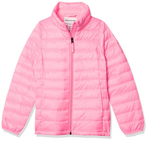 Amazon Essentials Mädchen Leichte Wasserabweisende verstaubare Pufferjacke mit Stehkragen, Neonrosa, 8 Jahre von Amazon Essentials