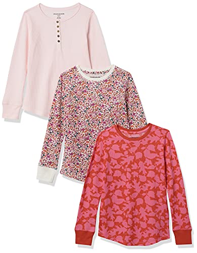 Amazon Essentials Mädchen Langärmeliges, gestricktes Thermo-T-Shirt, 3er-Pack, Hellrosa/Rot Blatt/Weiß Floral, 2 Jahre von Amazon Essentials