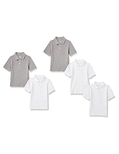 Amazon Essentials Jungen Kurzärmelige Piqué-Poloshirts, Uniform, 5er-Pack, Weiß/Mittelgrau Meliert, 5 Jahre von Amazon Essentials