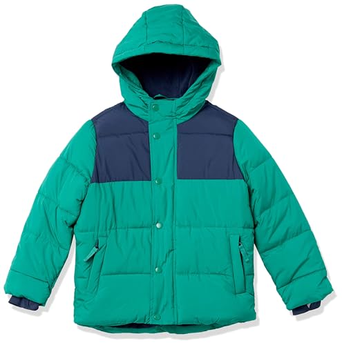 Amazon Essentials Jungen Schwere Pufferjacke mit Kapuze, Grün Marineblau Farbblock, 11-12 Jahre von Amazon Essentials