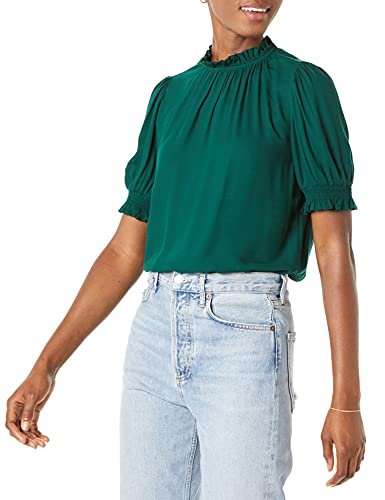 Amazon Essentials Damen Hemd Aus Fluid Twill Mit Kurzen Puffärmeln Und Smockdetails, Dunkelgrün, S von Amazon Essentials