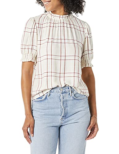 Amazon Essentials Damen Hemd Aus Fluid Twill Mit Kurzen Puffärmeln Und Smockdetails, Burgunderrot Ecru Karo, S von Amazon Essentials