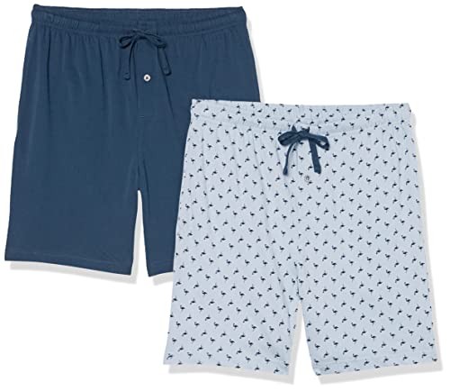Amazon Essentials Herren 17,8 cm Lange Pyjama-Shorts aus Baumwollstrick, 2er-Pack, Blau/Indigo Flamingo, L von Amazon Essentials