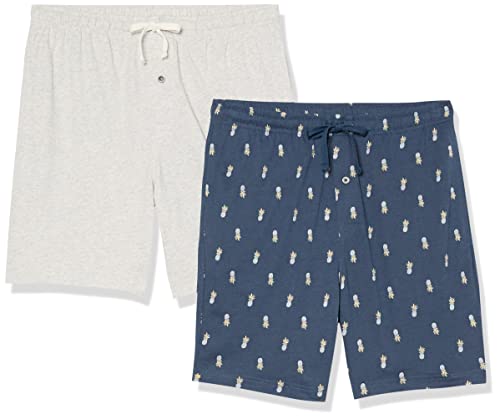 Amazon Essentials Herren 17,8 cm Lange Pyjama-Shorts aus Baumwollstrick, 2er-Pack, Grau Meliert/Indigo Ananas, M von Amazon Essentials