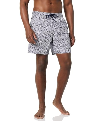 Amazon Essentials Herren 18cm Badehose mit Netzfutter, Taschen und Kordelzugverschluss, Marineblau Weiß Streublumen, L von Amazon Essentials